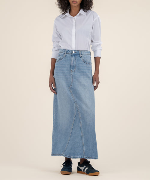 Medium Wash Denim Floral Embroidered Maxi Skirt | Lime Lush